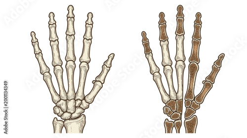 Illustration comparing a healthy human hand skeleton with one affected by a degenerative bone condition, highlighting affected phalanges and metacarpals.