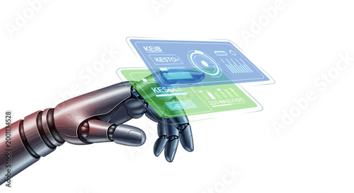 Robotic hand interacting with digital interface.