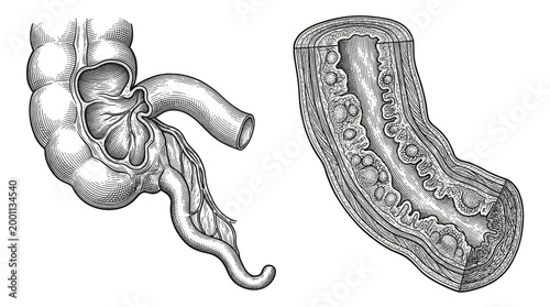 Anatomical illustration of the small intestine, showing its coiled structure and a cross-section revealing its internal mucosal folds and villi.