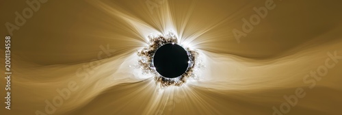 Solar eclipse with darkened sun and radiant corona visible in sky