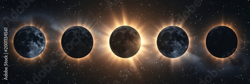Sequence of lunar phases with glowing corona against starry background