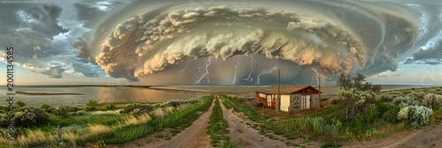 Dramatic storm clouds with lightning over rural landscape and cabin