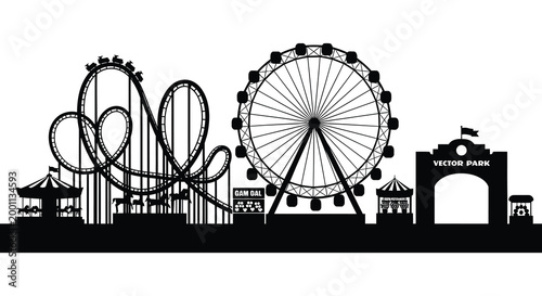 Amusement park silhouette a detailed black and white illustration of rides and attractions