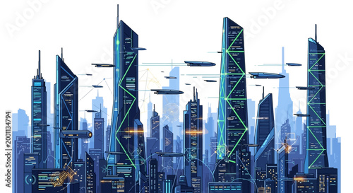 Futuristic cityscape with sleek skyscrapers and flying vehicles.