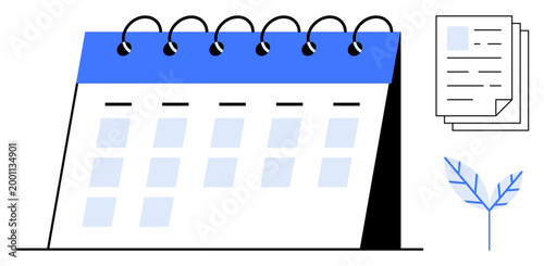Scheduling, productivity, organization, project management, time tracking, planning. Desk calendar with blue header and documents beside it. Scheduling and productivity visuals