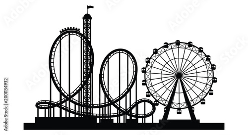 Amusement park silhouette roller coaster ferris wheel and carnival rides in black and white