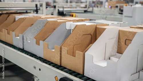 Medium shot focusing on the alignment of assembled display cartons on a conveyor highlighting the versatility of retailready tray designs.