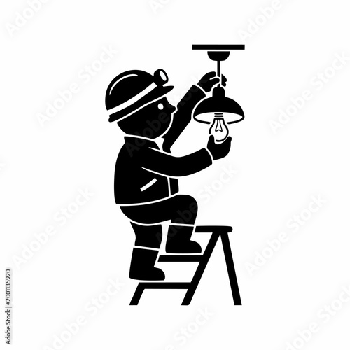 Handyman or Electrician Changing a Light Bulb on a Stepladder Silhouette