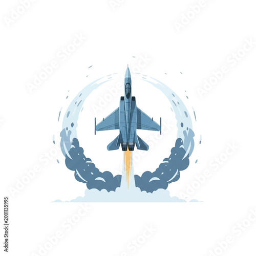Vector illustration of a blue jet fighter taking off with flames and smoke, set against a circular motion graphic on a white background.