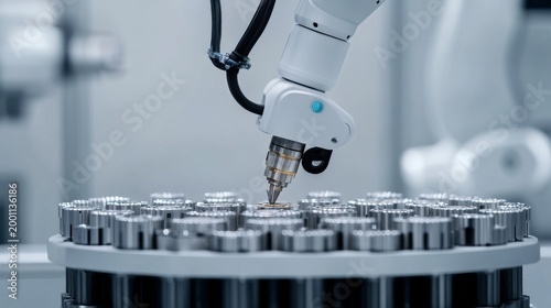 Precision Robotic Arm inspects intricate metallic parts on a rotating carousel, showcasing automated manufacturing and quality control in a modern industrial setting. ,Robotics