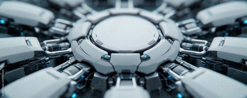 Fototapeta premium Sleek White and Blue Core Macro view of a futuristic, symmetrical radial mechanism with glowing accents, representing advanced tech or AI processing hub. ,Sci-fi, Engineering