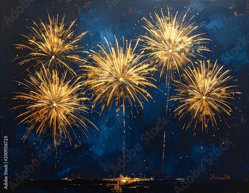 Abstract background of brilliant gold fireworks light with a dark, rich blue texture