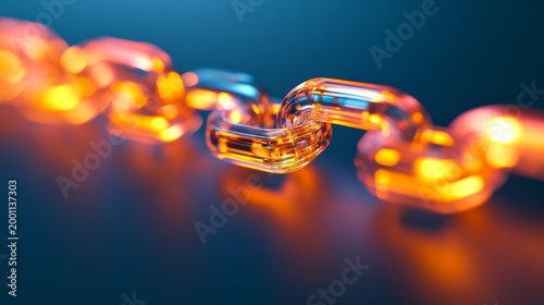Vibrant Transparent Chain Close-up of glowing digital links with sharp focus, reflecting orangeblue, representing secure blockchain technology and data flow. ,Blockchain ,Connectivity