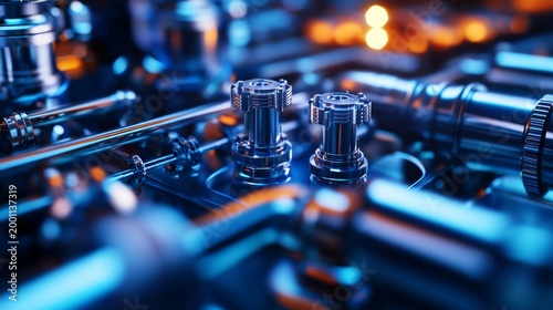 Vivid blue and orange lit metallic engine parts, shallow DOF close-up. Illustrates high-tech precision engineering, industrial machinery and advanced mechanics. Engineering, Robotics