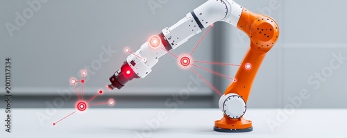 White and orange industrial robotic arm with glowing red data network, symbolizing advanced AI automation, smart manufacturing and Industry 4.0 technology. ,robotics, connectivity