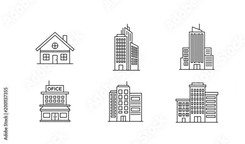 Continuous line vector icons of buildings and city structures for urban, architecture, and real estate designs