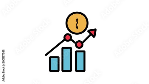 Financial Growth Motion Icon. Bar chart and rising arrow featuring a dollar symbol, symbolizing positive revenue growth, financial success, and profitable investment returns.