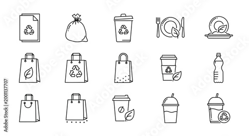 Bild auf Leinwand A comprehensive set of line art icons illustrating essential eco-friendly practi