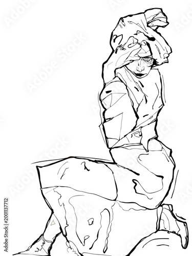 Artistic Female Portrait Sketch in Expressionist Style, Intense Gaze and Unique Pose Vector Illustration