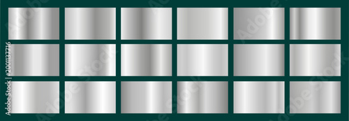 Realistic silver, aluminium, platinum steel gradient texture pack. Shiny metal foil gradient set. Vector illustration