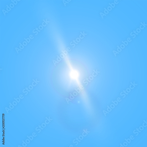 Realistic sun with reflections. Sunbeam with chromatic aberrations, lens flare, starburst, halo, backlight isolated on blu sky background. Vector illustration