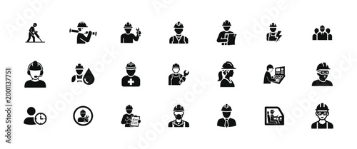 Professional worker and technician silhouette icon set featuring engineers laborers oil workers and service personnel for industrial workforce management human resources and corporate site.