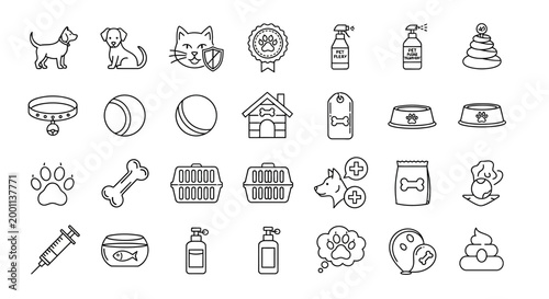 Collection of Pet Care and Accessories Icons in a Clean, Modern Line Art Style