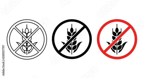 Free Download Set of three gluten-free icons depicting a wheat stalk crossed out within a circle, symbolizing avoidance of gluten for dietary needs - GFXLoad
