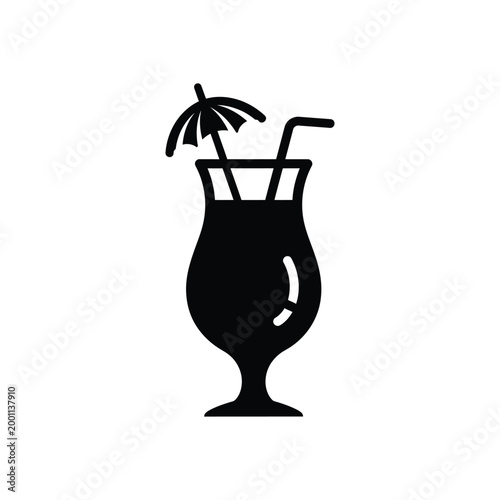 Refreshing tropical cocktail drink in tall hurricane glass with paper umbrella and straw isolated on white background flat design style for summer vacation party menu illustration element.