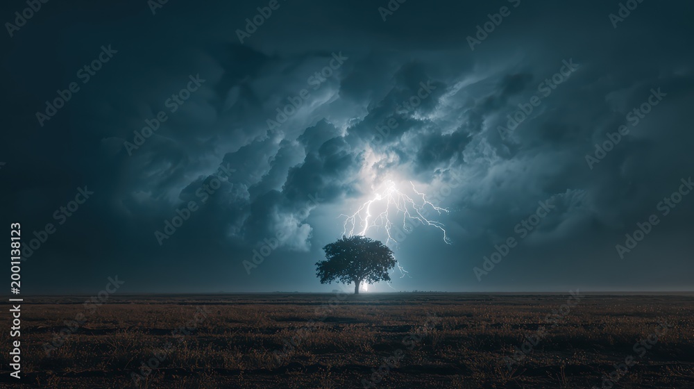 Fototapeta premium A solitary tree absorbing a lightning strike in the middle of a barren field, midnight storm, swirling clouds, intense blue-white lightning, moody cinematic composition