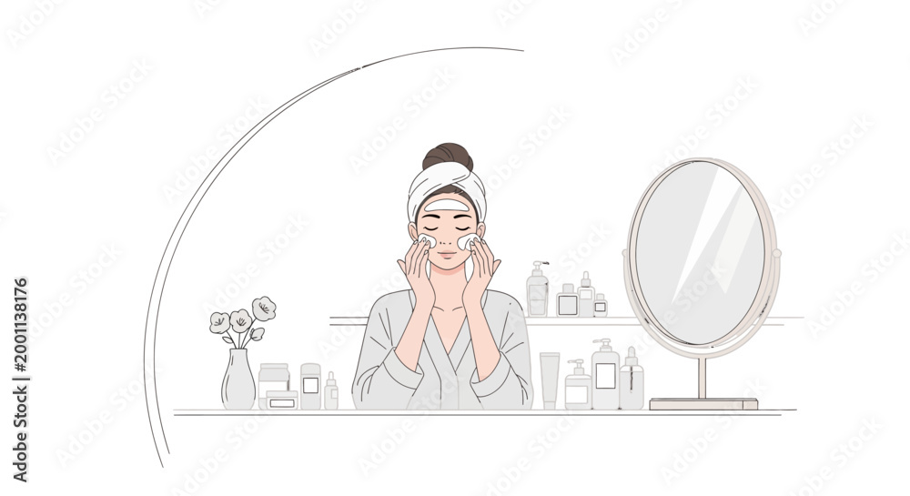 Obraz premium Minimalist Line Art Illustration of a Woman Performing a Daily Skincare Routine with Face Patches and Beauty Products in Front of a Mirror