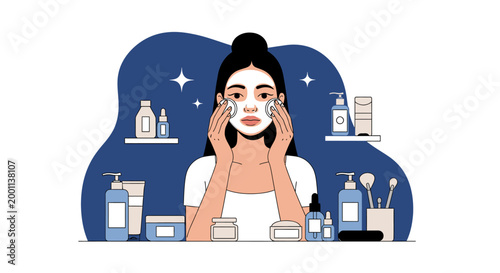 Vector Illustration of a Woman Performing a Nightly Skincare Routine with a Face Mask and Beauty Products for Self-Care and Wellness