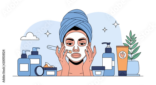 Flat Vector Illustration of a Woman Applying a Facial Mask for Skincare Routine and Self-Care Beauty Concept