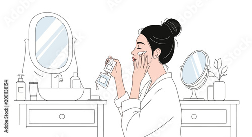 Skincare Routine Illustration: Minimalist Line Art of Young Woman Applying Facial Cream in Front of Mirror, Self-Care and Beauty Concept