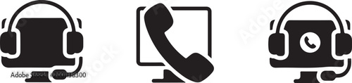 Customer support icons with headsets and computer monitors representing online communication and technical assistance.