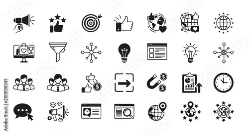 Vector icon set for digital marketing, business strategy, and online promotion, covering social media, analytics, sales funnels, and communication concepts