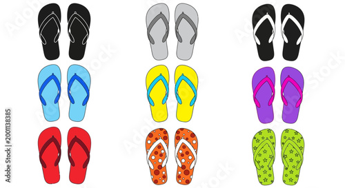 A vibrant collection of colorful flip-flop sandals arranged in a grid, showcasing diverse patterns and styles for summer footwear options