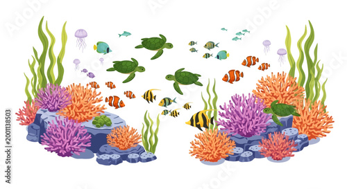 Colorful cartoon illustration of a vibrant coral reef ecosystem with swimming sea turtles and schools of fish, set against a clean white background, creating a bright and cheerful marine