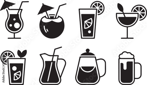 Set of eight stylized black beverage icons including cocktails coconut drink and juice pitcher for summer celebration.