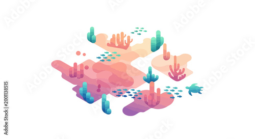 Stylized vector illustration of a vibrant coral reef ecosystem featuring coral formations, swimming fish, and a turtle, rendered with a flat design and pastel color palette against a white