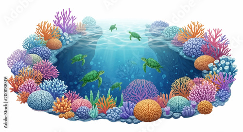 Illustration of sea turtles swimming in a vibrant coral reef ecosystem under the ocean surface, surrounded by colorful coral formations, with a bright, cheerful mood and a white background