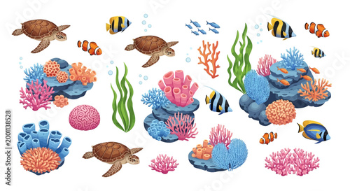 Detailed vector illustration showcases a vibrant collection of sea turtles and colorful coral reefs populated with various fish species, all set against a clean white background