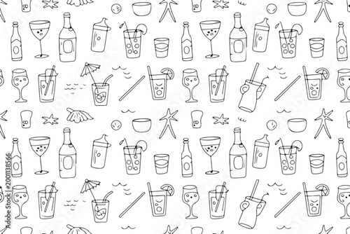 Summer drink pattern doodle background with various cold beverage icons glasses cocktails bottles straws and beach summer decor.