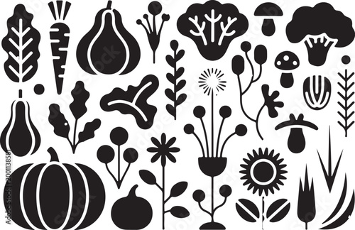 Vegetable and plant icons set featuring organic farm harvest leaves mushrooms broccoli pumpkin and flower botanical elements.