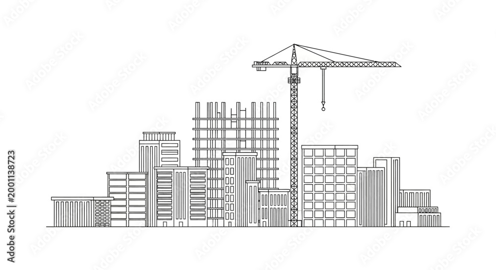 Obraz premium Modern City Construction Skyline Line Art Illustration with Tower Crane and Building Development