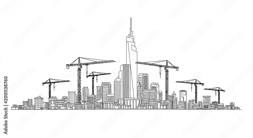 Obraz premium Modern City Skyline Construction Line Art Illustration with Skyscrapers and Industrial Cranes - Urban Development and Architecture Outline on White Background