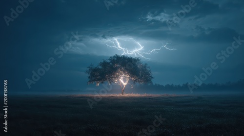 Solitary tree illuminated by lightning in a dark open field, midnight atmosphere, storm energy frozen in time, cinematic framing, ultra-realistic lighting, 8k