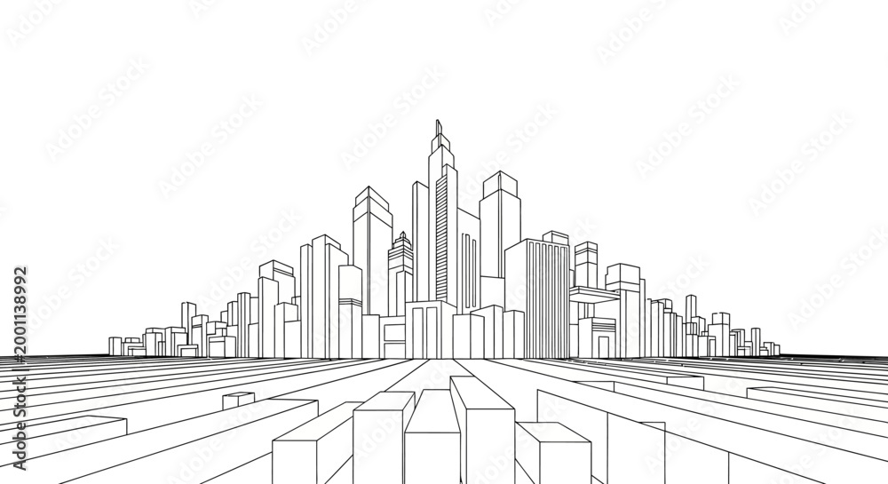 Obraz premium Minimalist City Skyline Architecture Line Art Illustration - Modern Urban Landscape Vector Outline Design for Real Estate and Urban Planning Concepts