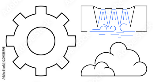 Industrial innovation, sustainability, infrastructure, energy, climate, nature. Gear wheel, hydraulic dam clouds in abstract minimal style. Industrial innovation and sustainability concepts