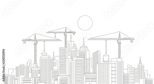 City Skyline Construction Site with Cranes Outline Illustration - Modern Urban Development Line Art for Architecture and Coloring Book